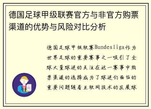 德国足球甲级联赛官方与非官方购票渠道的优势与风险对比分析