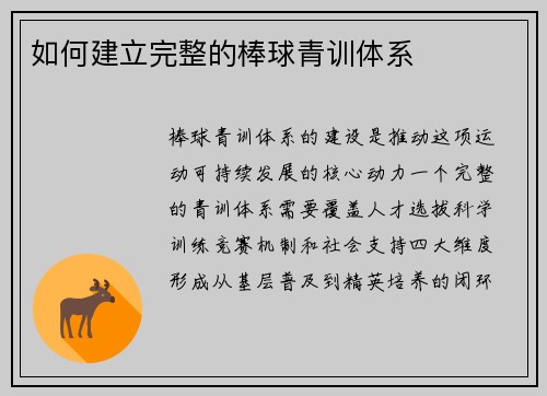 如何建立完整的棒球青训体系